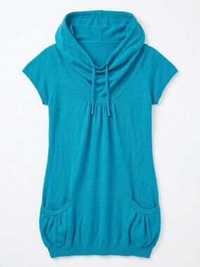 TWIK - TUNIC - Turquoise cotton Cowl neck top with lace side pockets - Medium